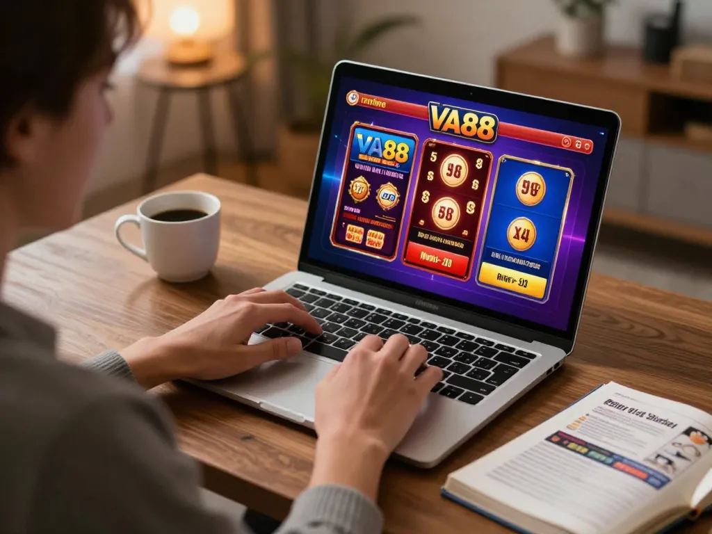 Engaging moment of a player exploring VA88 online casino options on a laptop, emphasizing responsible gaming.