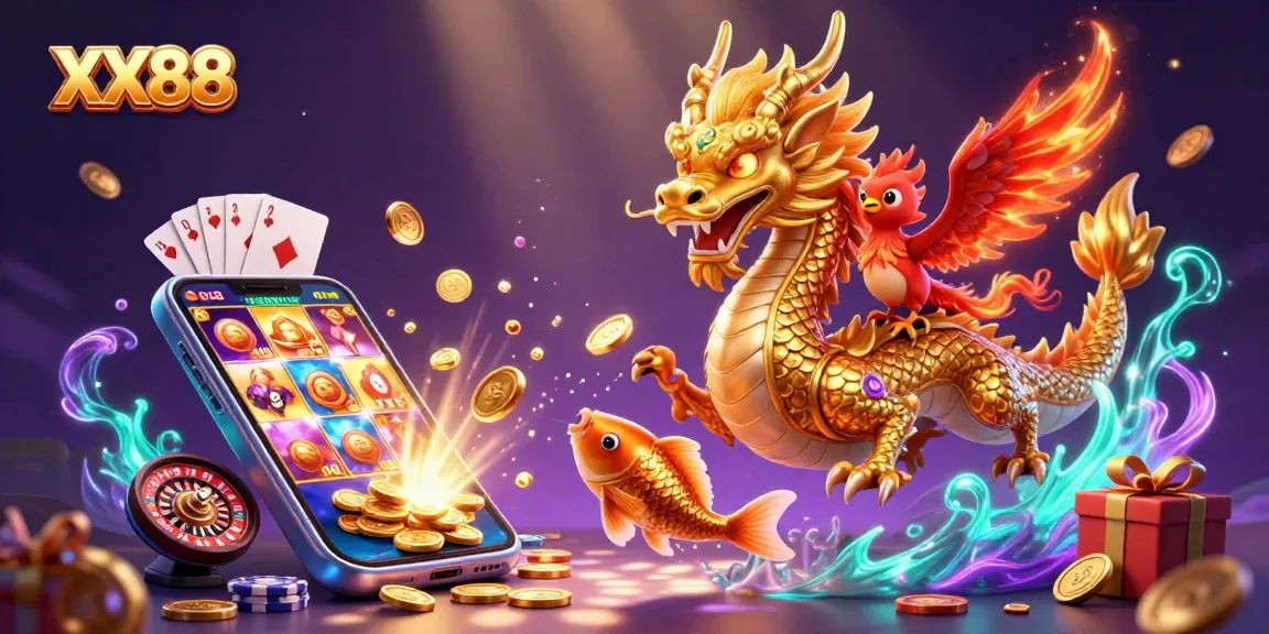 Experience thrilling gaming action at XX88 with a dragon, phoenix, and koi fish amidst dynamic casino elements.