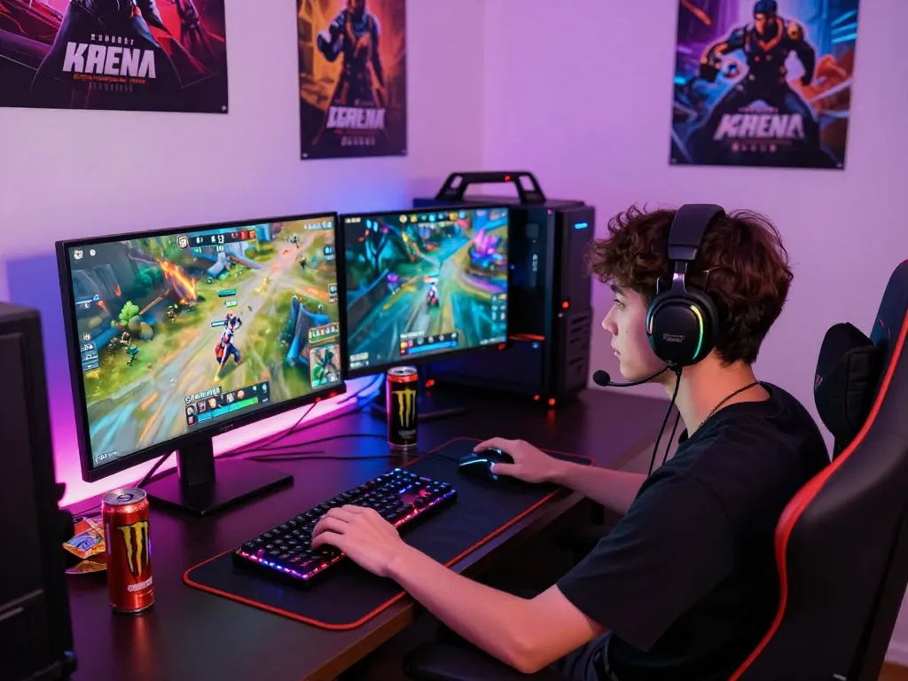 Engaging online gaming setup at https://five888.br.com/ showcasing vibrant gameplay, accessories, and dynamic lighting.