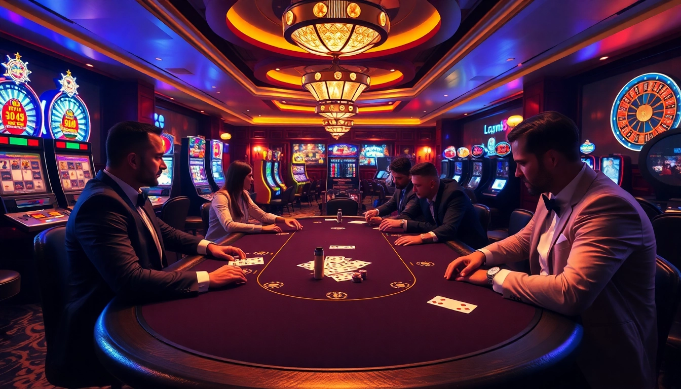 Exciting poker game in a luxurious casino setting at https://mm88.directory/, featuring intense players and vibrant machines.
