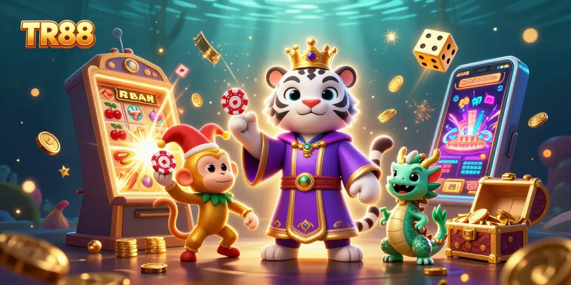 Win big with TR88 in this vibrant casino scene featuring a lively tiger and monkey.
