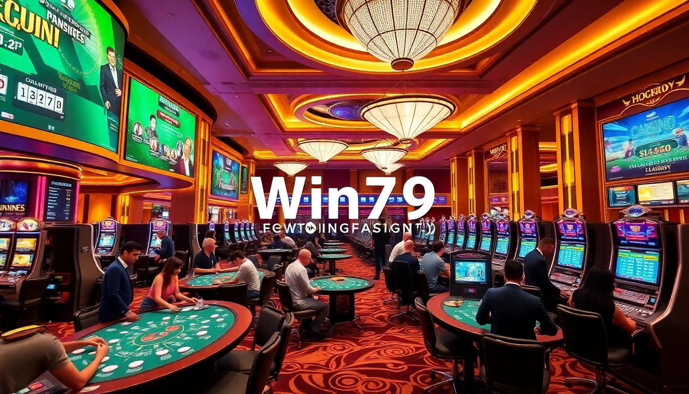 Players celebrating wins at Win79 casino with modern gaming tables and vibrant slot machines.
