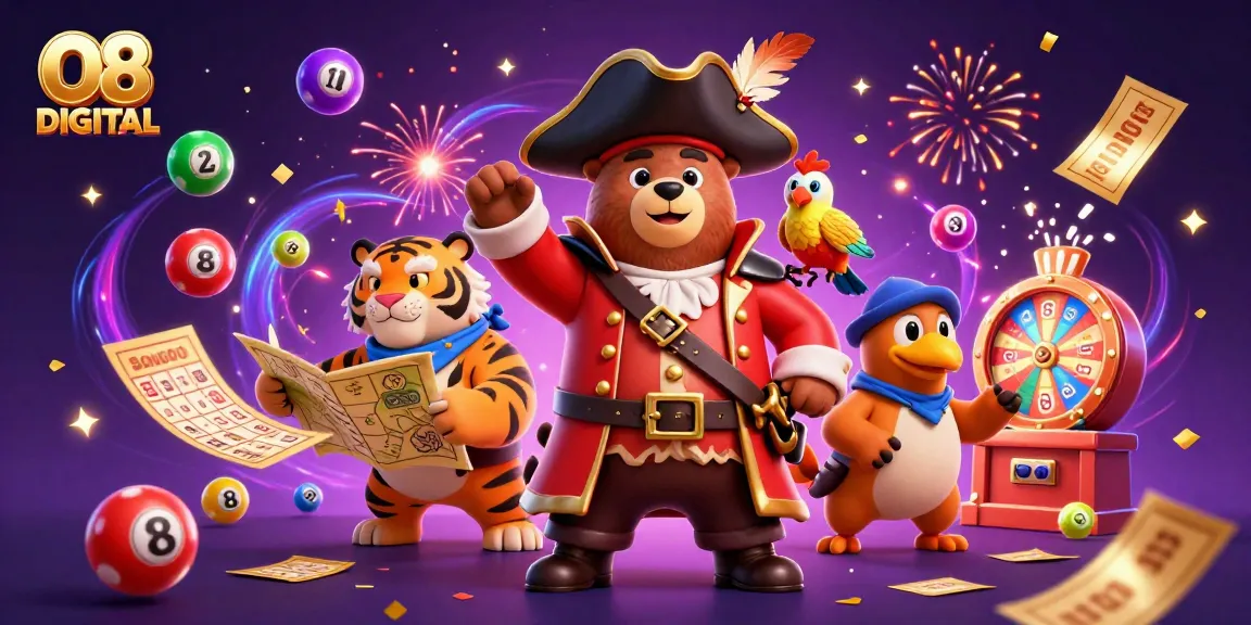 Experience thrilling gaming at O8 DIGITAL with a vibrant 3D gaming illustration showcasing playful characters amidst casino elements.