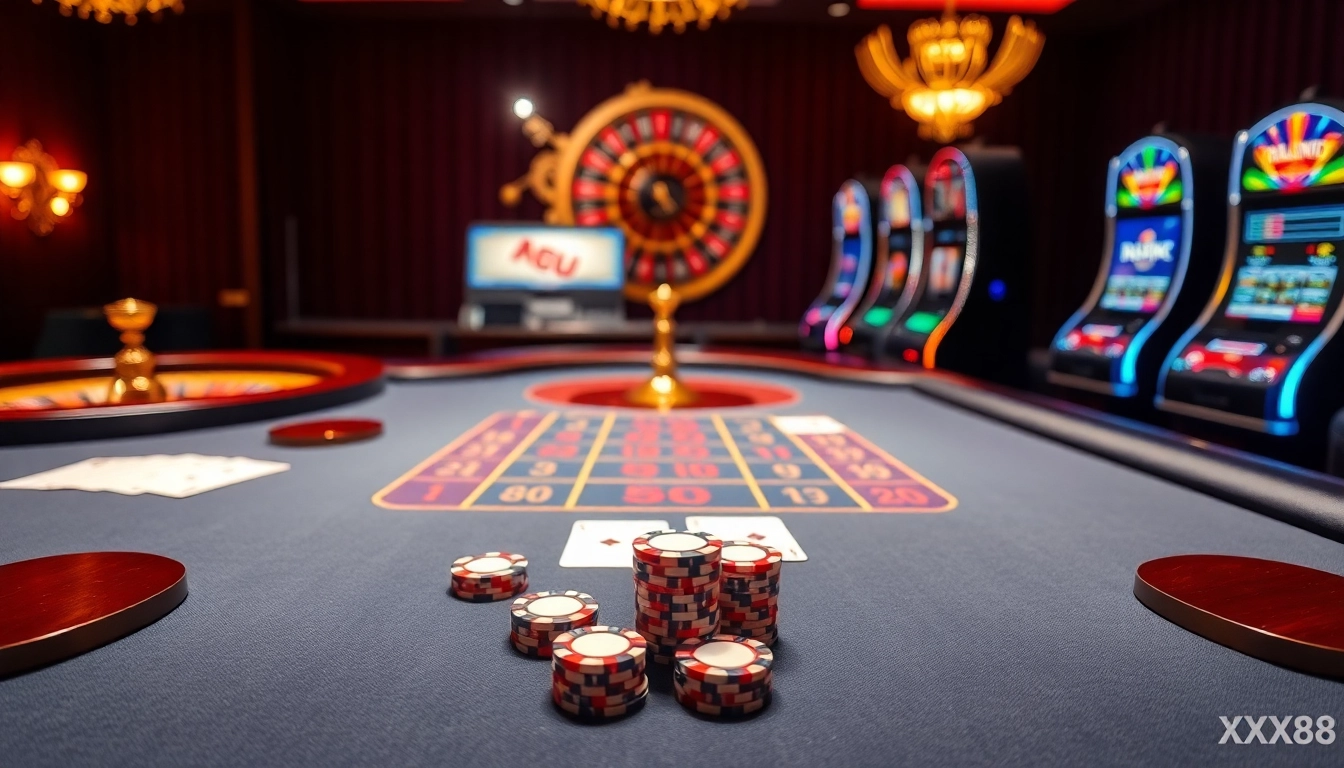 Experience thrilling gameplay at XX88 with a vibrant baccarat table and luxurious casino atmosphere.