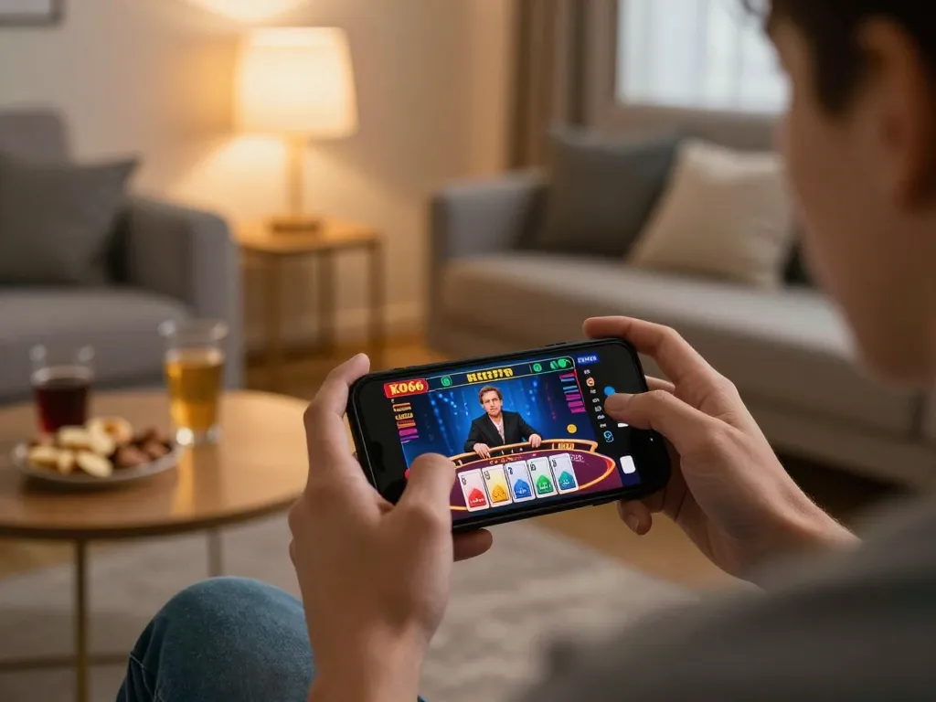Người chơi tham gia trò chơi dealer trực tiếp KO66 trên smartphone trong một không gian ấm cúng tại nhà.