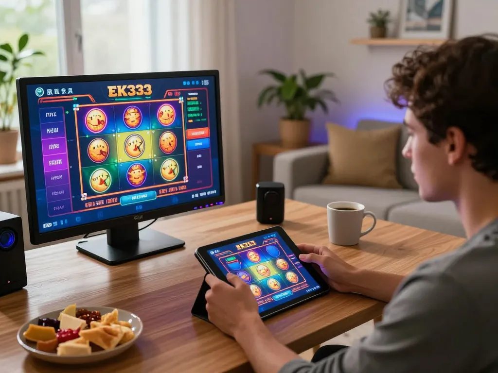 Player immersed in EK333 slots game on tablet, showcasing an engaging home gaming experience.