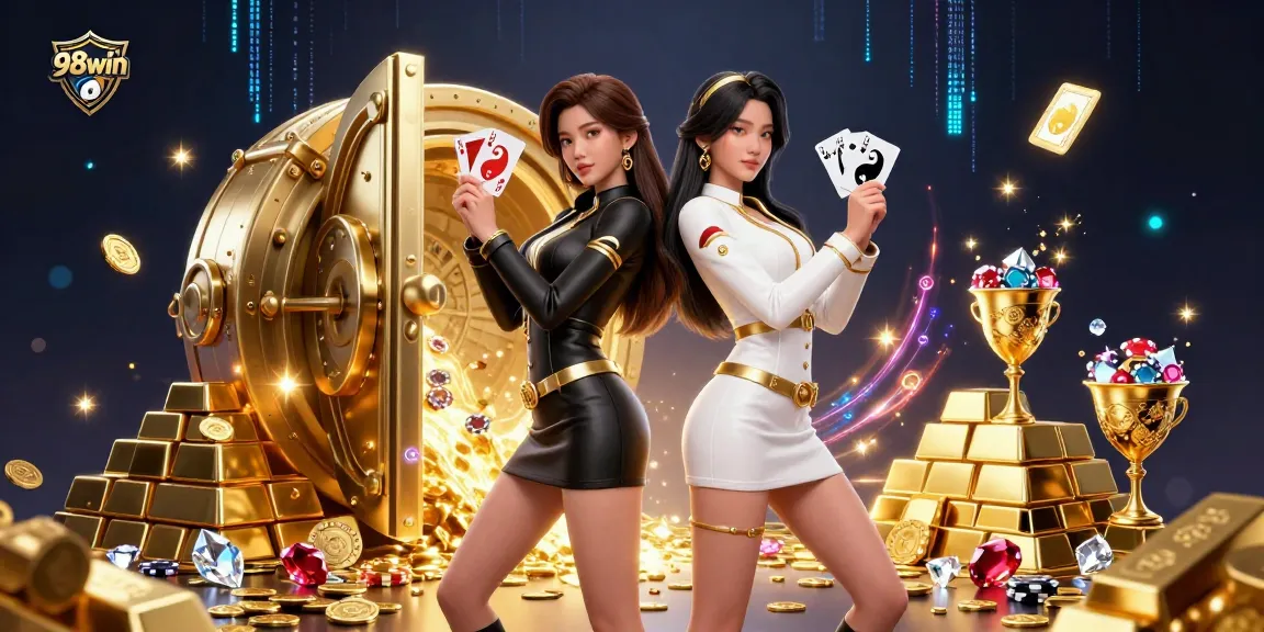 Experience the thrill of 98win with stunning visuals of twin Asian women in a dynamic casino scene.