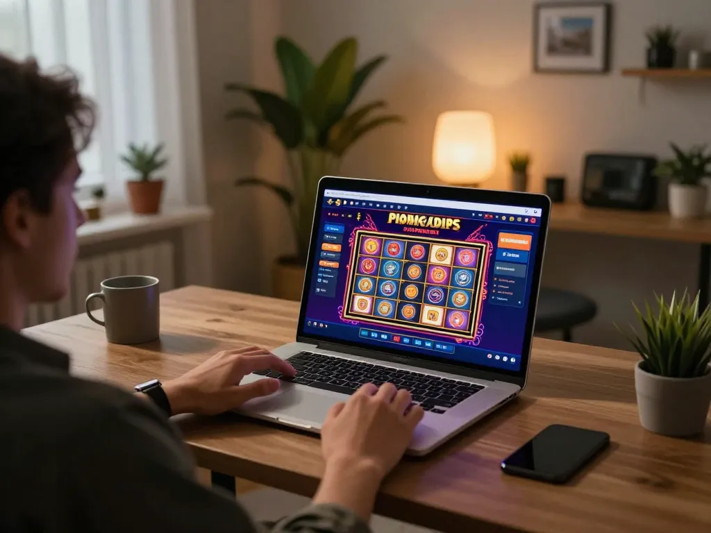 KUBET user enjoying engaging slot games on a laptop in a cozy home office.