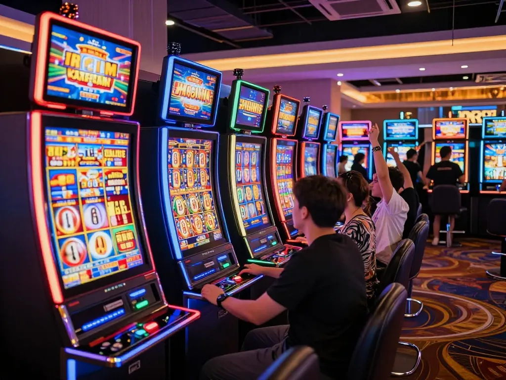 Players engaging with Go88 slot machines, celebrating wins in a vibrant casino setting.
