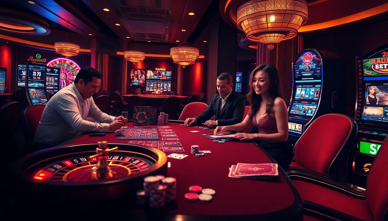 Experience the excitement of ee88 online gambling with vibrant casino visuals featuring poker, roulette, and slot machines.
