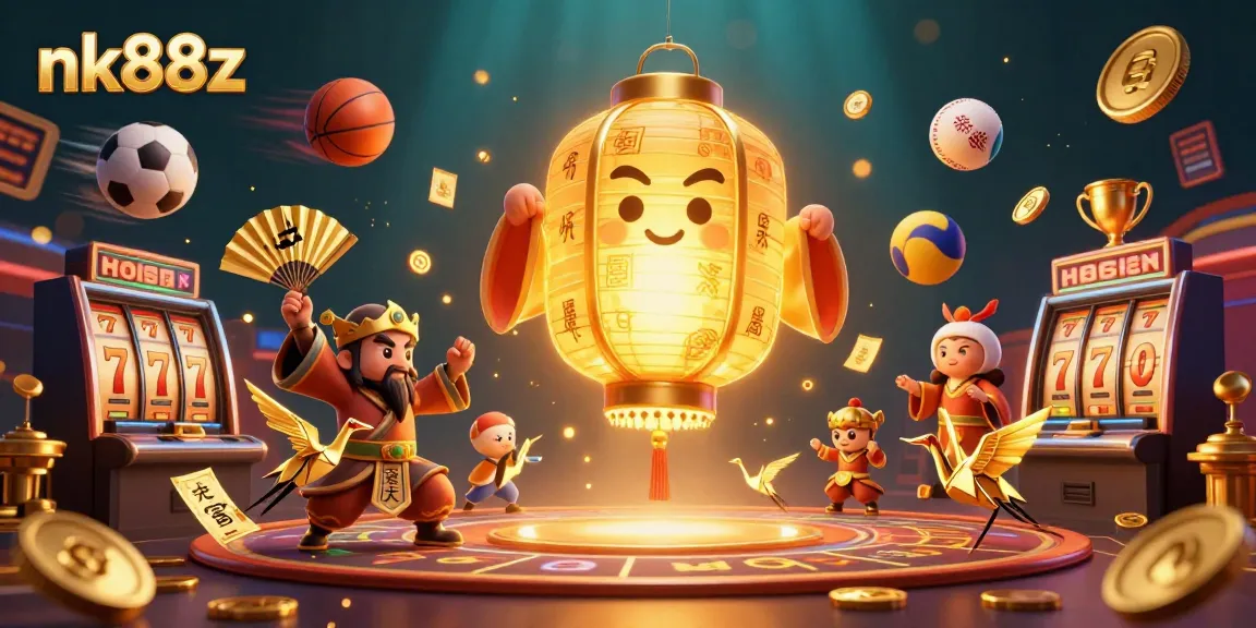 Play exciting slots with nk88z's giant golden lantern spirit among dynamic casino elements.