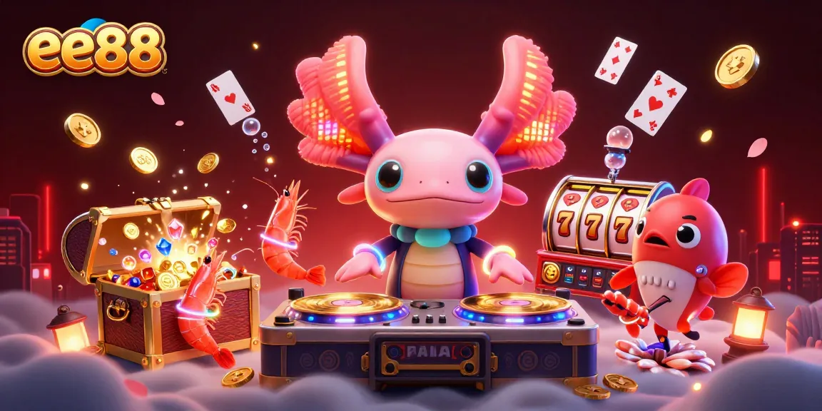 Experience the vibrant energy of ee88 with a neon axolotl DJ and casino elements in a lively underwater scene.