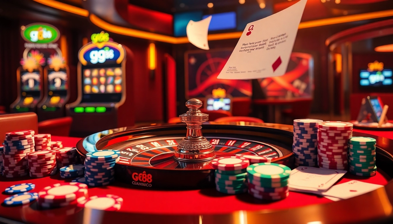 Experience thrilling gameplay at gg 88 with vibrant poker chips and a roulette wheel in a luxurious casino.