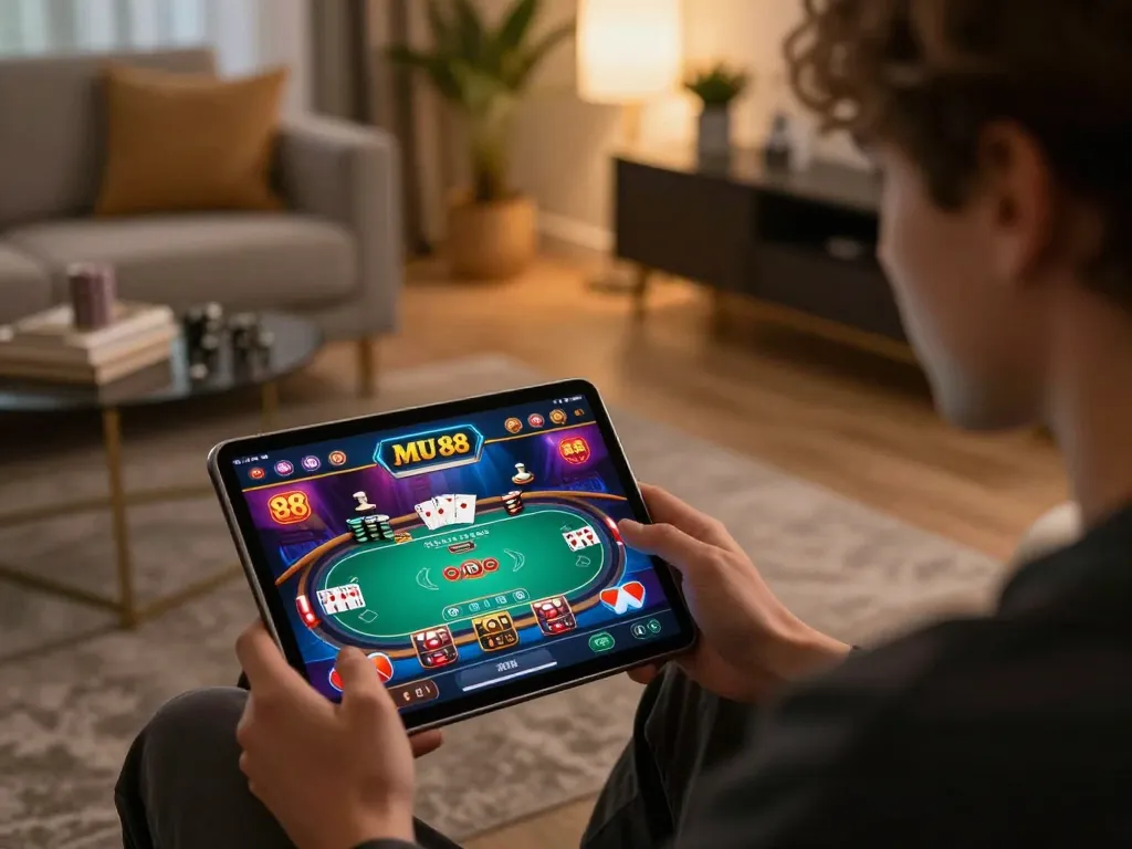 Engaging gameplay on the mu 88 app in a cozy home setting, showcasing strategic gambling.