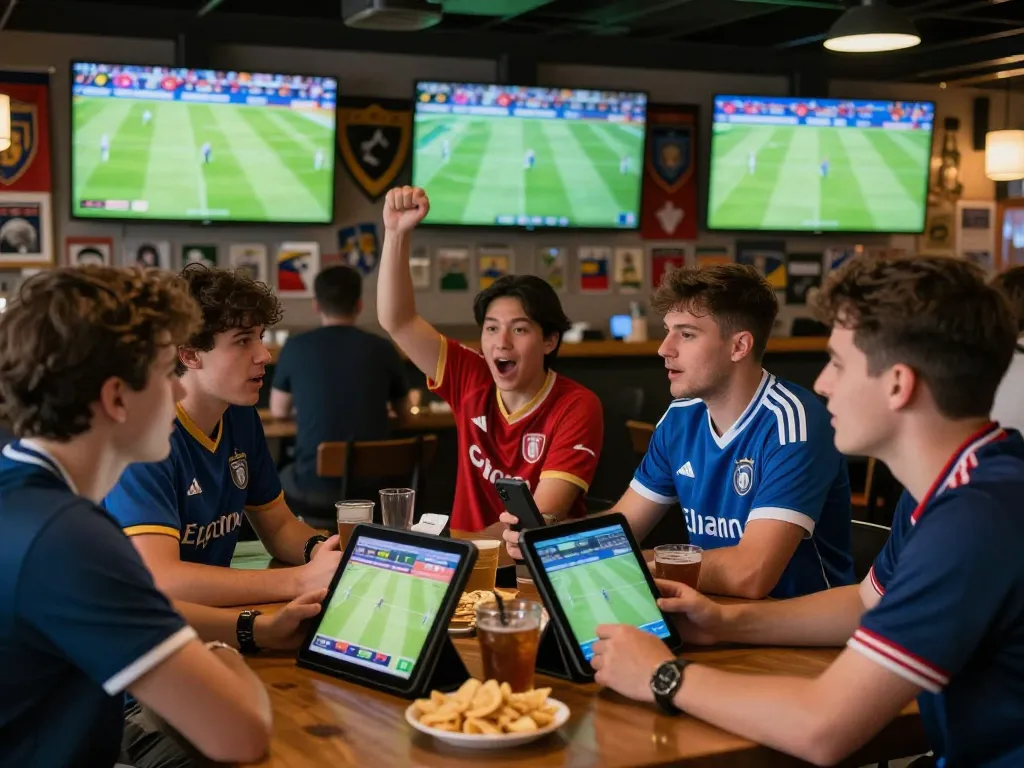 Bóng đá 1gom live betting atmosphere in a sports bar with fans, screens showing match.