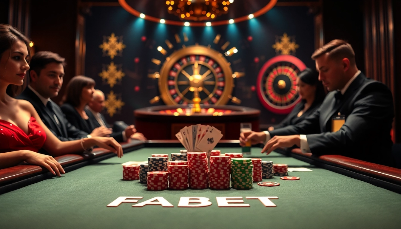 Experience high-stakes excitement at FABET casino with poker tables and roulette wheels.