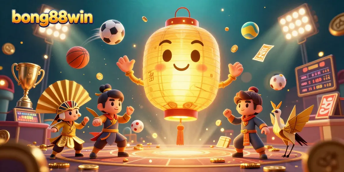 Bet on exciting games at bong88win with glowing giant lantern spirit and dynamic sports elements in a vibrant casino.