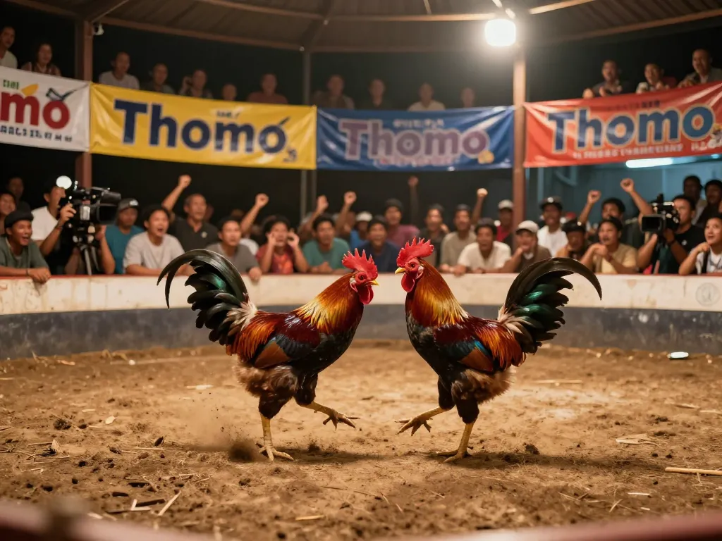Watch Đá gà thomo action at the thrilling Thomo chicken fighting arena, capturing roosters in mid-fight.