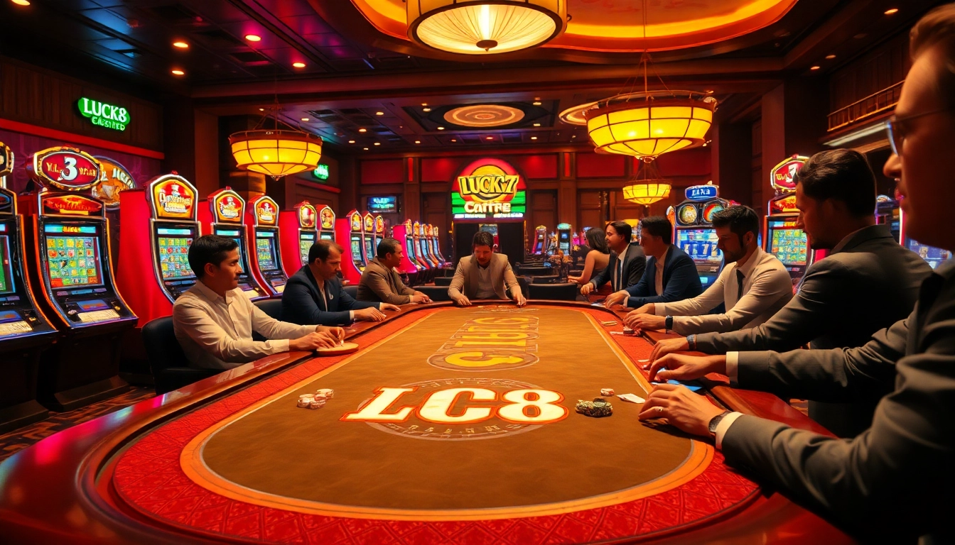 Experience high-stakes excitement at the LUCK8 casino gaming table featuring vibrant slot machines.