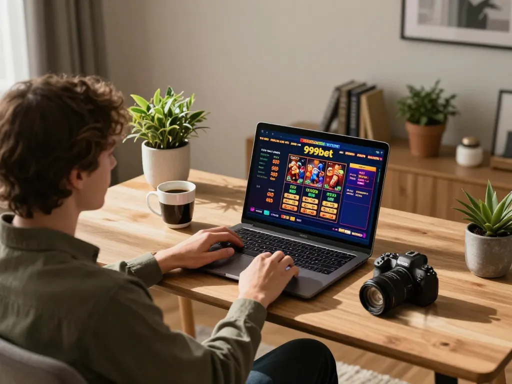 Engaging in online gaming with 999bet at home, cozy setup with laptop and coffee.