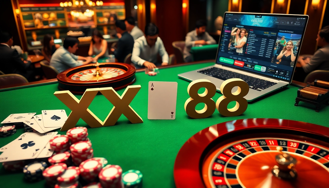 Players engaging at a gaming table with XX 88 logo, vibrant online casino atmosphere.