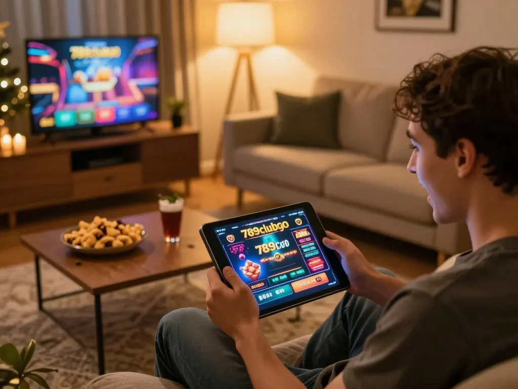Engaging with the 789clubgo casino app in a cozy living room setting.