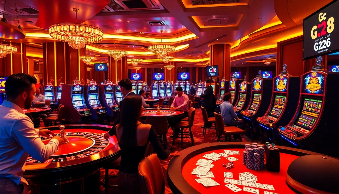 Experience the excitement of gambling at G28 with players engaging at roulette tables and slot machines.