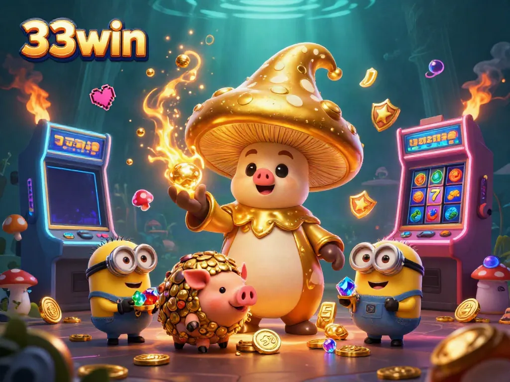 Engage with the enchanting 33win casino realm featuring a magical character and vibrant slot machines.