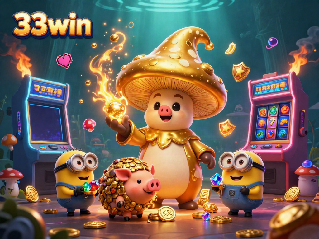 Engage with the enchanting 33win casino realm featuring a magical character and vibrant slot machines.