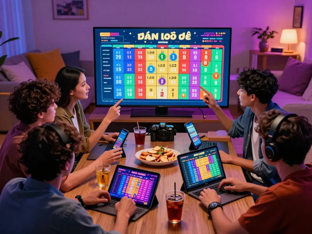 Engaged friends enjoying đánh lô đề online in a lively gaming environment with vibrant graphics.