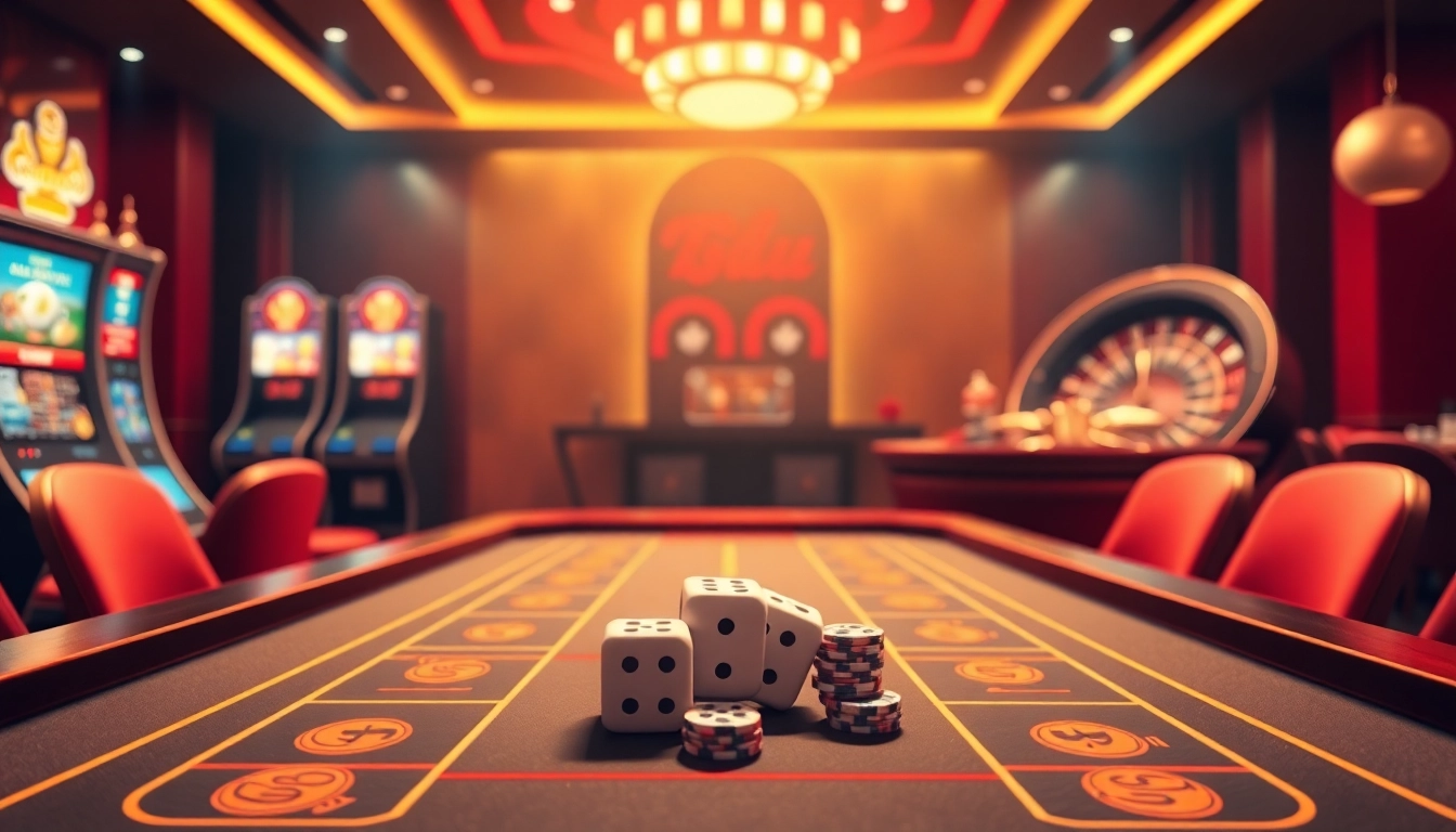 Tài xỉu md5 game setup with rolling dice and vibrant casino decor.
