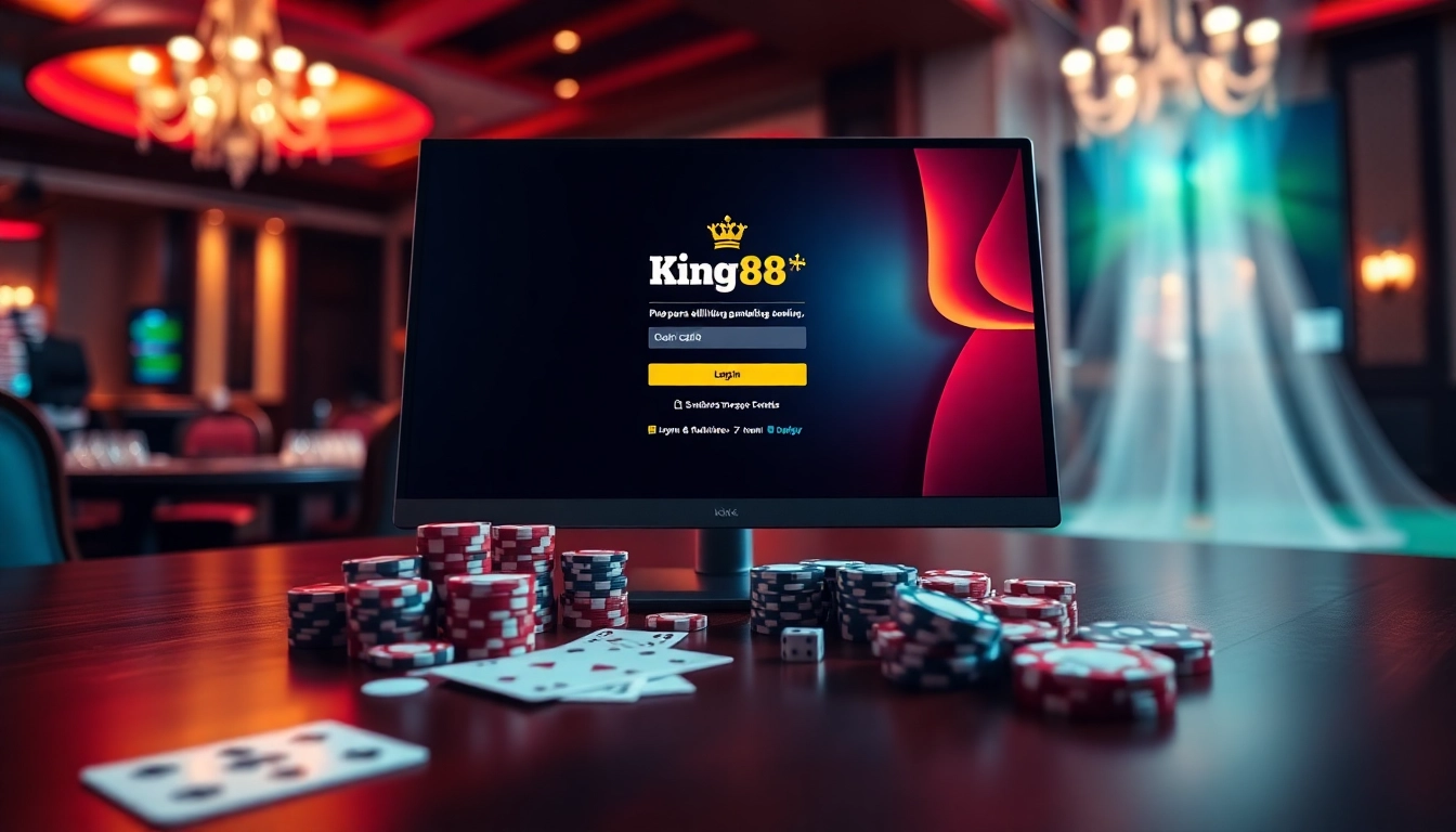 Experience Đăng nhập King88 with an exciting casino interface featuring poker chips and cards.