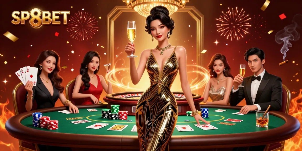 Experience SP8BET's exclusive casino elegance with a captivating Asian woman among rich poker elements.