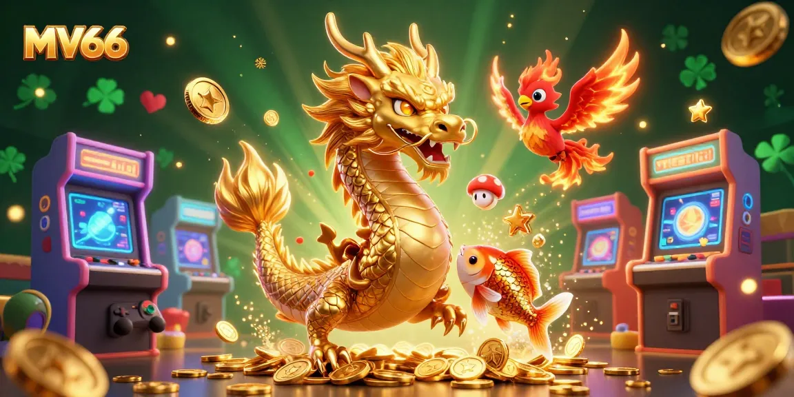 Engaging MV66 illustration featuring a dragon, phoenix, and coins amidst vibrant casino elements.