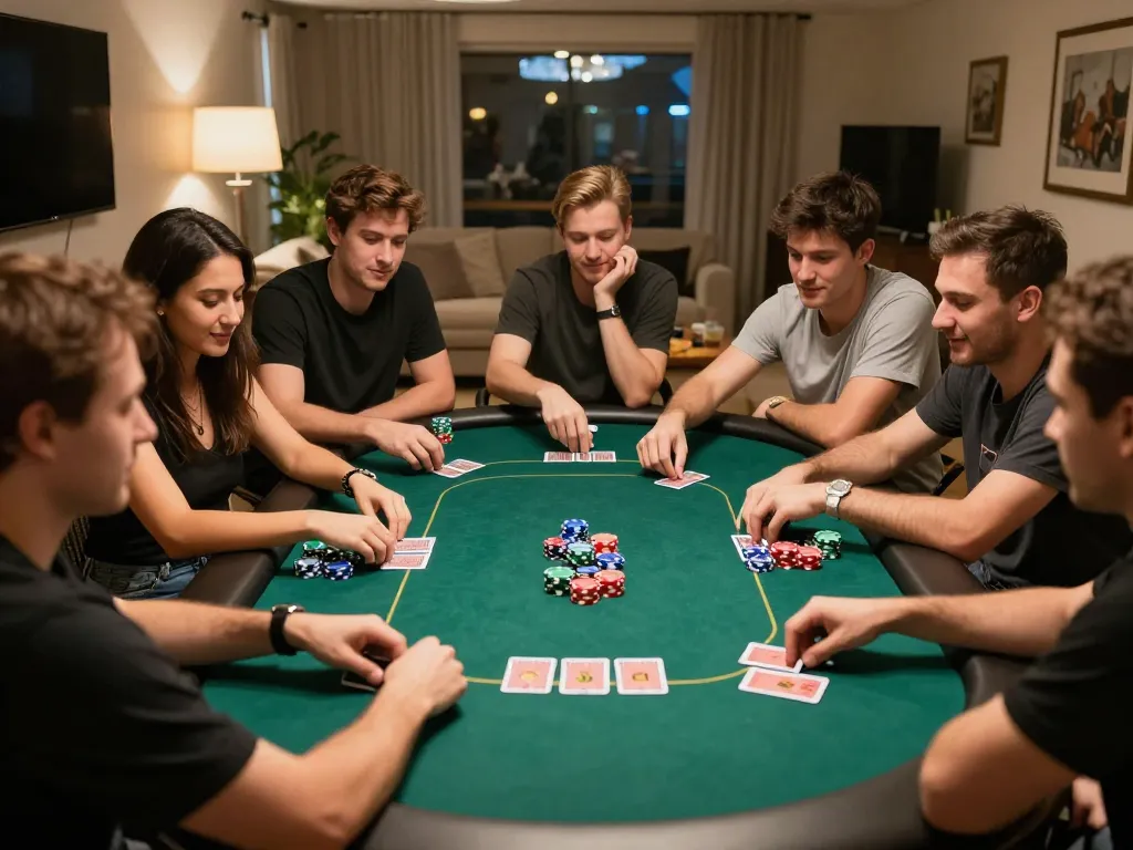 Engaged friends playing poker in a cozy setting, showcasing thương hiệu jun88 and the excitement of home gambling.