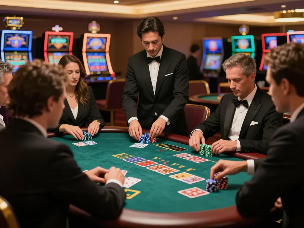 Enticing blackjack gameplay at tablepremierr casino with players engaged and dealer managing the action.