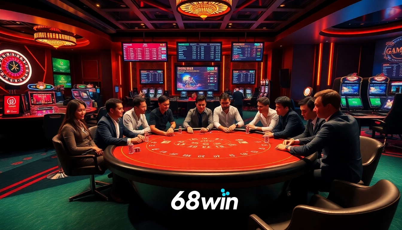 Exciting gaming action at 68win poker table with vibrant chips and cards in a luxurious casino setting.