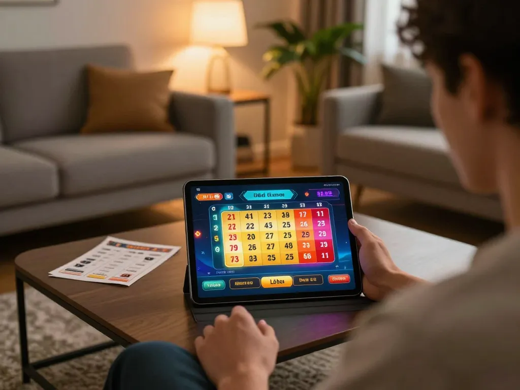Person engaging in lô đề online gaming on a tablet, surrounded by betting notes in cozy setting.