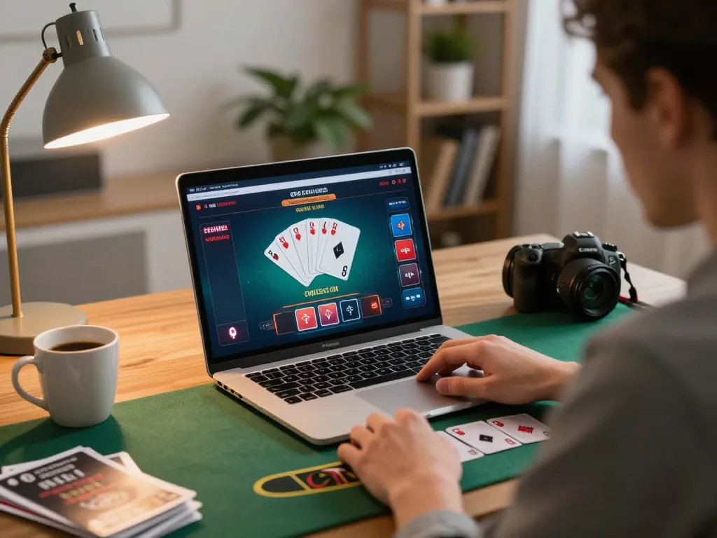 Player enjoying blackjack on man88 casino site with focused expression in cozy home setting
