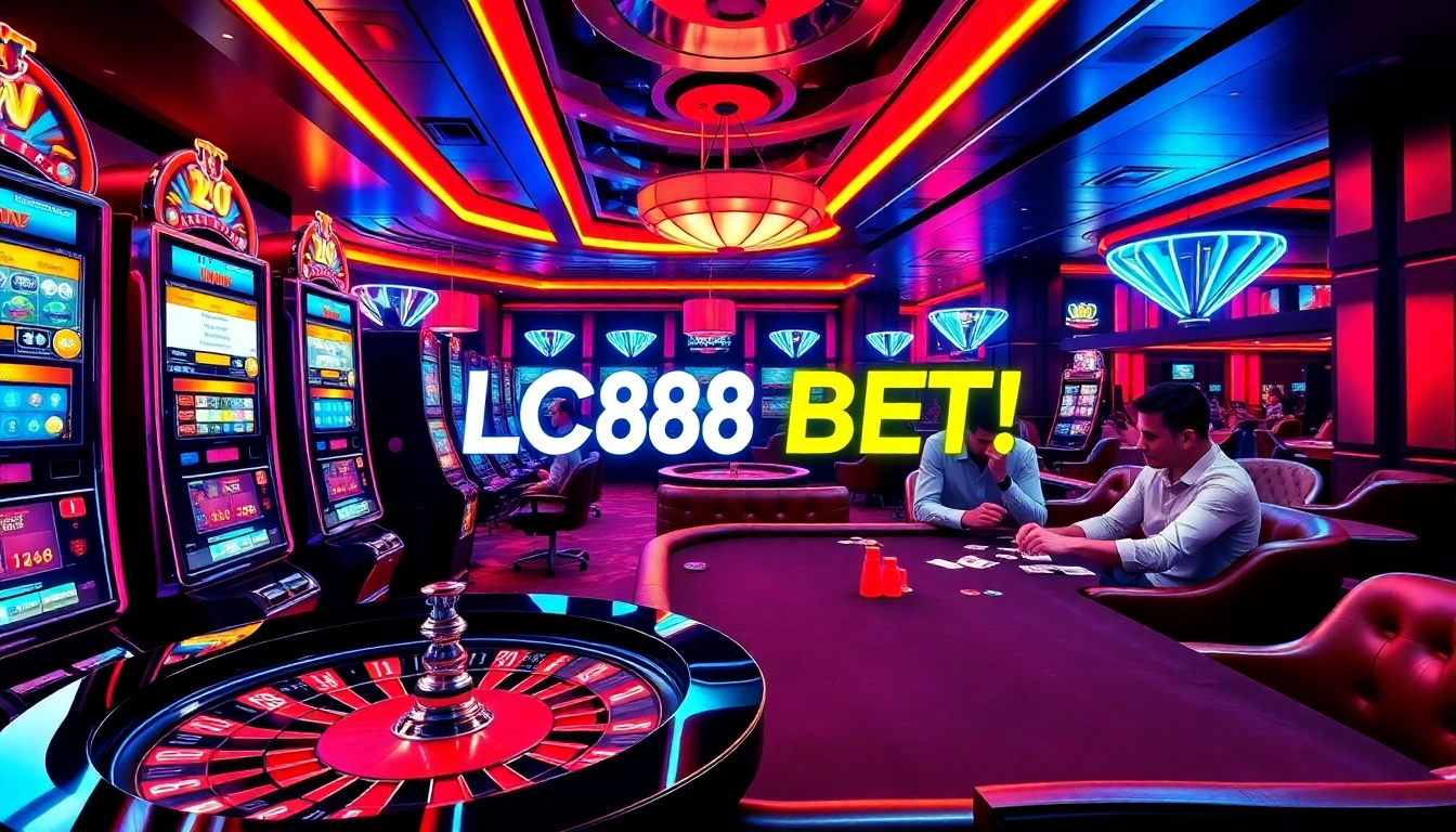 Experience the thrill of LC88 BET with dynamic casino visuals featuring betting, slots, and poker.