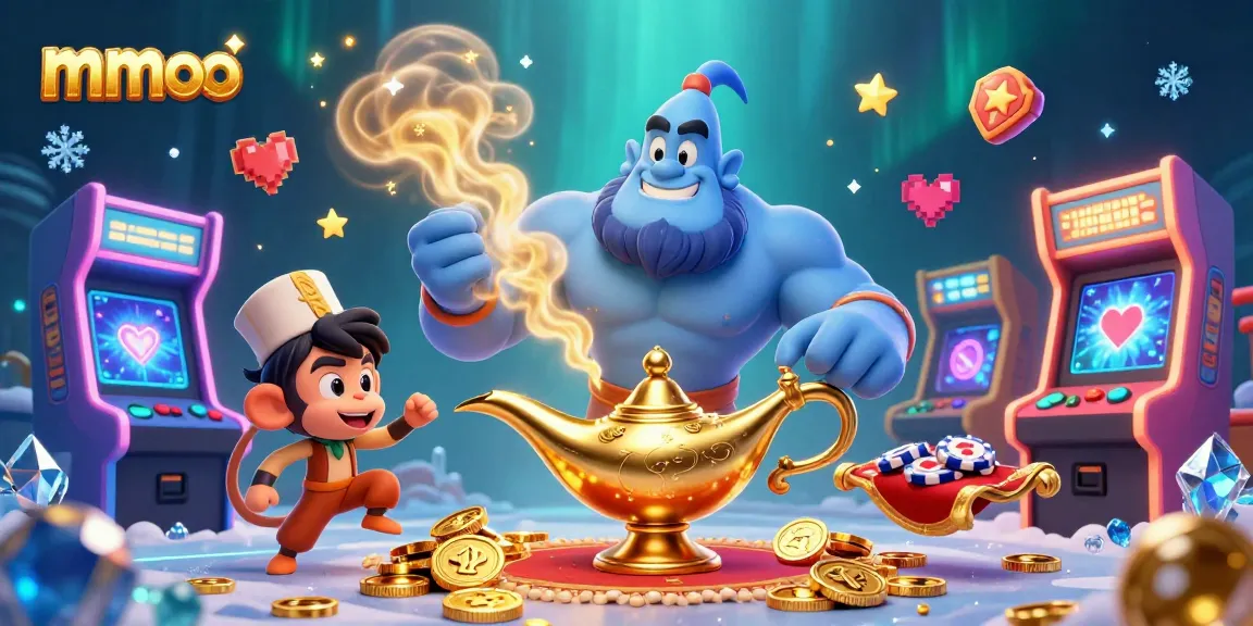 Spin big wins at mmoo with a magical 3D genie and vibrant casino elements swirling around.