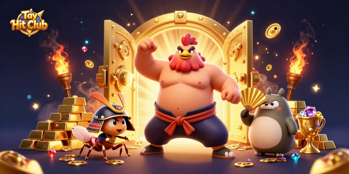 Tải Hit Club showcases vibrant 3D casino elements with sumo wrestler, samurai cricket, and tanuki announcer.
