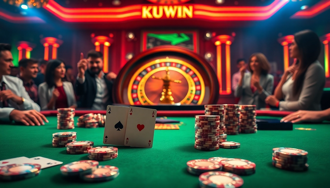Engage with KUWIN's thrilling casino experience featuring poker chips and a roulette wheel.