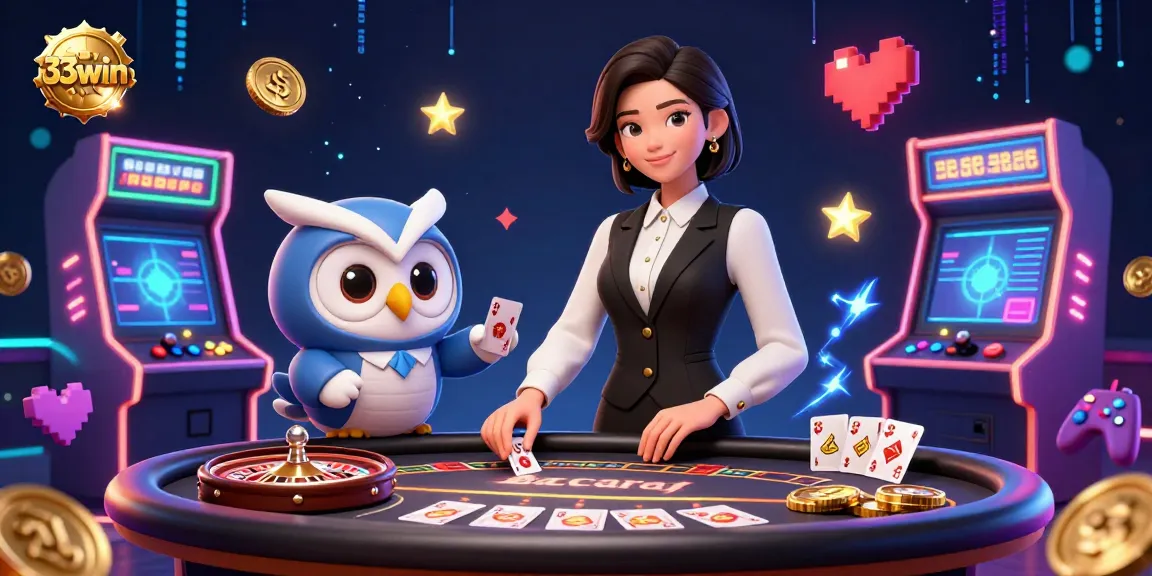 Engage with the 33win baccarat experience, featuring expert dealers and vibrant casino elements.