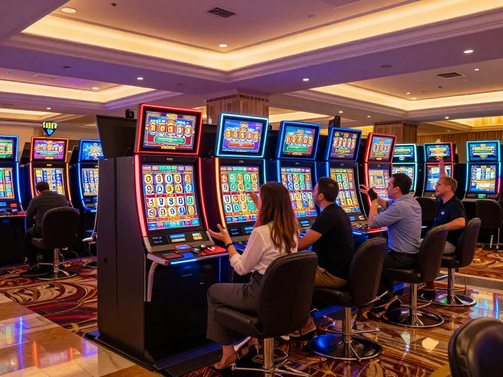 EE88 players celebrating a jackpot win at a vibrant slot machine area, surrounded by lively casino atmosphere.