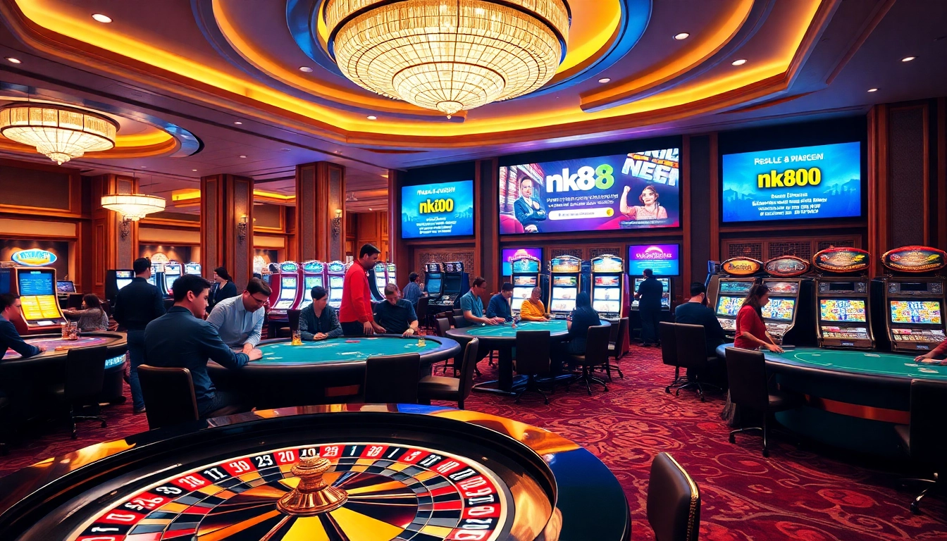 Players enjoying high-stakes games at nk88 casino, featuring roulette and slot machines.
