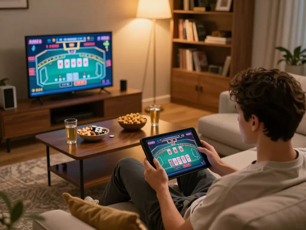Enjoying live gaming on ko66 com in a cozy home setting with a tablet and snacks