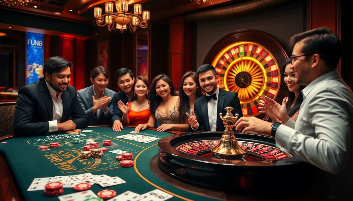 Players enjoying high-stakes fun at Fun88 casino, featuring vibrant chips and roulette.
