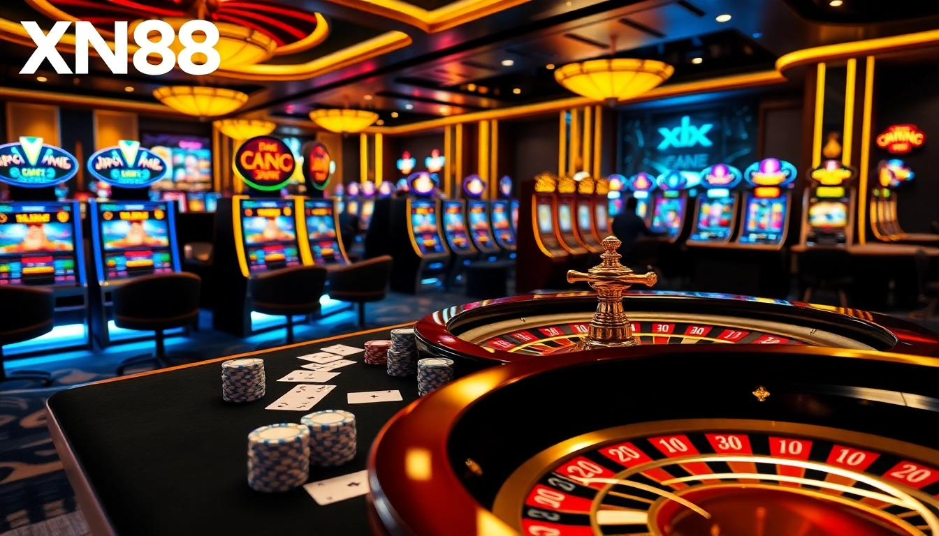 Experience exciting gameplay with xN88.law's stunning casino visuals featuring poker chips and roulette wheels.