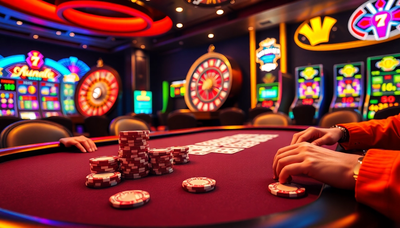 Engaged gamblers at a vibrant casino table featuring 7M poker chips and high-stakes action.